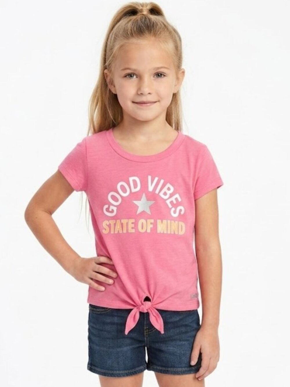 Hind Graphic Tee Short Sleeve Pink "Good Vibes State of Mind" Tie-Front - 6X